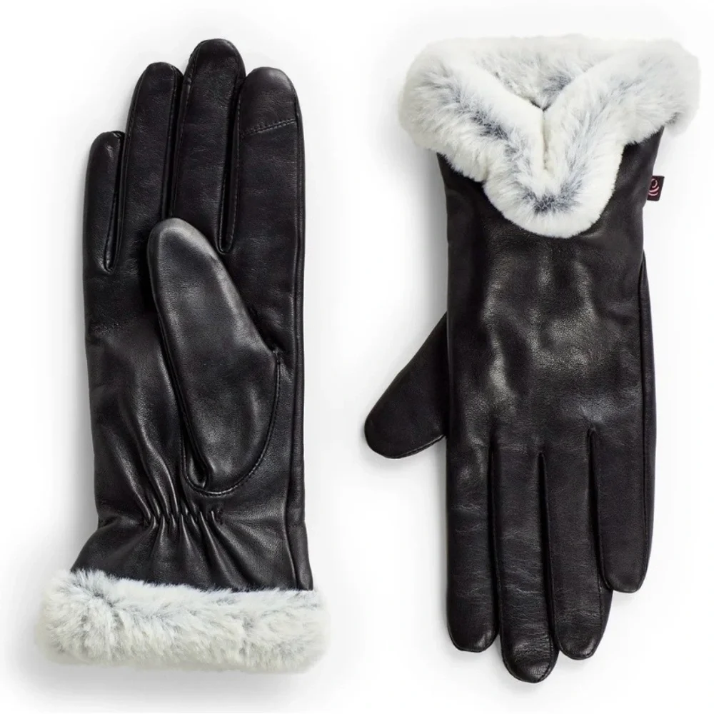 EUC 🖤🤍 CuddlDuds Leather Gloves | Grey Faux Fur Trim | Cozy & Chic